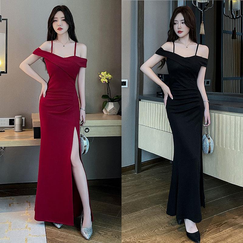Sexy Strapless Off-Shoulder Evening Dress Slim Low-Cut Spa Dress Karaoke Foot Bath Technician Outfit Bodycon Long Dress
