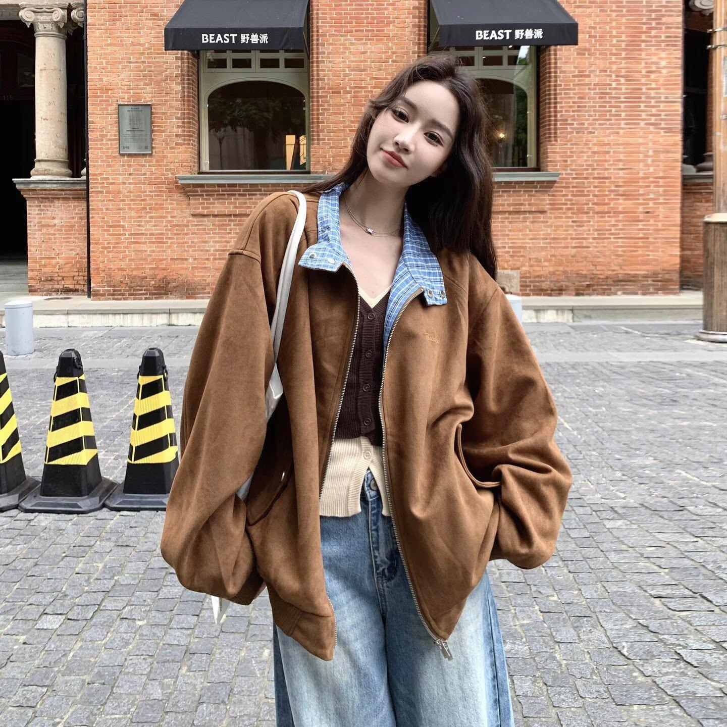 American-Style Simple Short Jacket for Women, Autumn New Commuter Petite Loose Versatile Turn-Down Collar Jacket Top, Brown