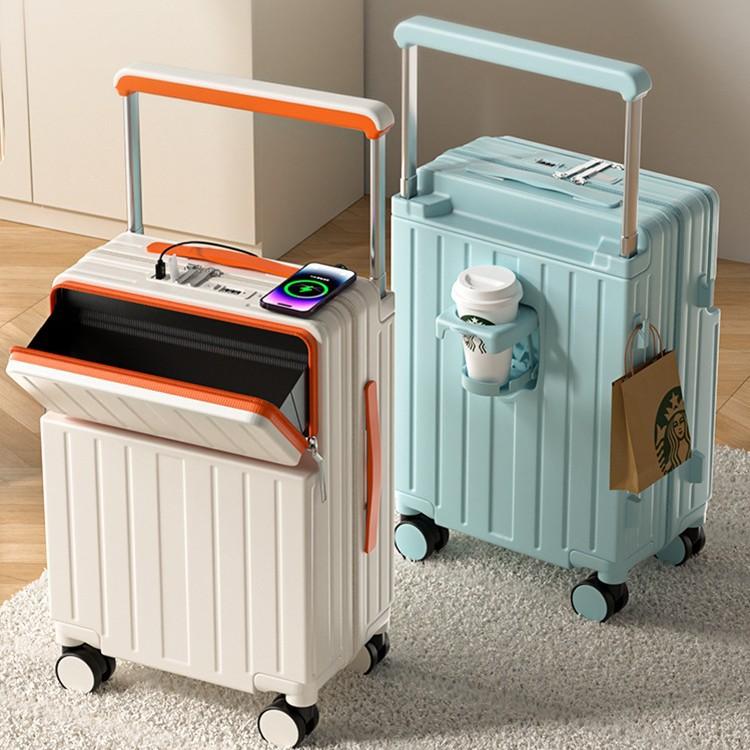 Wide Trolley Suitcase Men's and Women's Front Opening 20inch Boarding Case Water Cup Holder Password Suitcase Lightweight Boarding