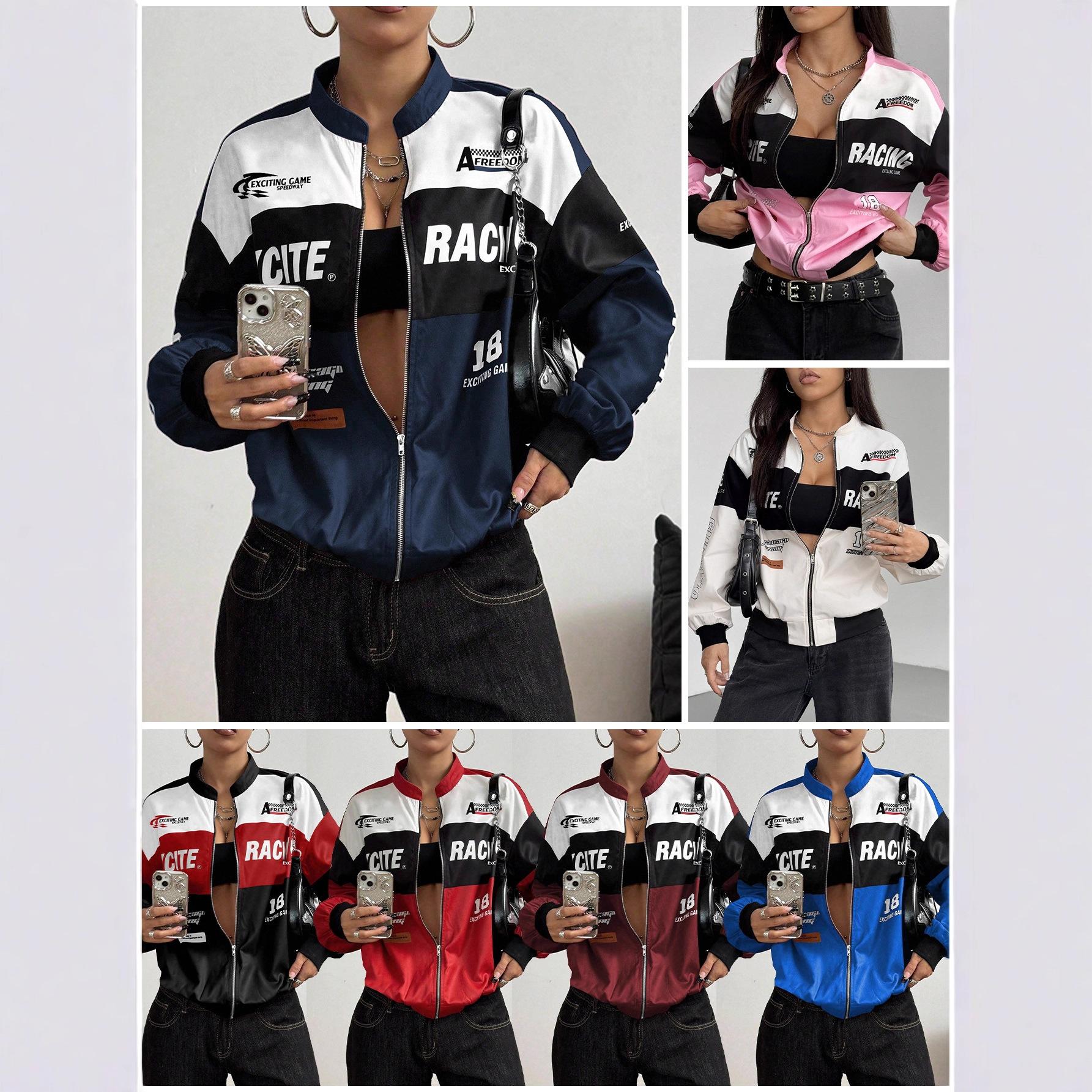 Hot-Selling In-Stock Item - 95063 Cross-Border European and American Foreign Trade Racing Suit Printed Women's Jacket Versatile Casual Women's Outerwear
