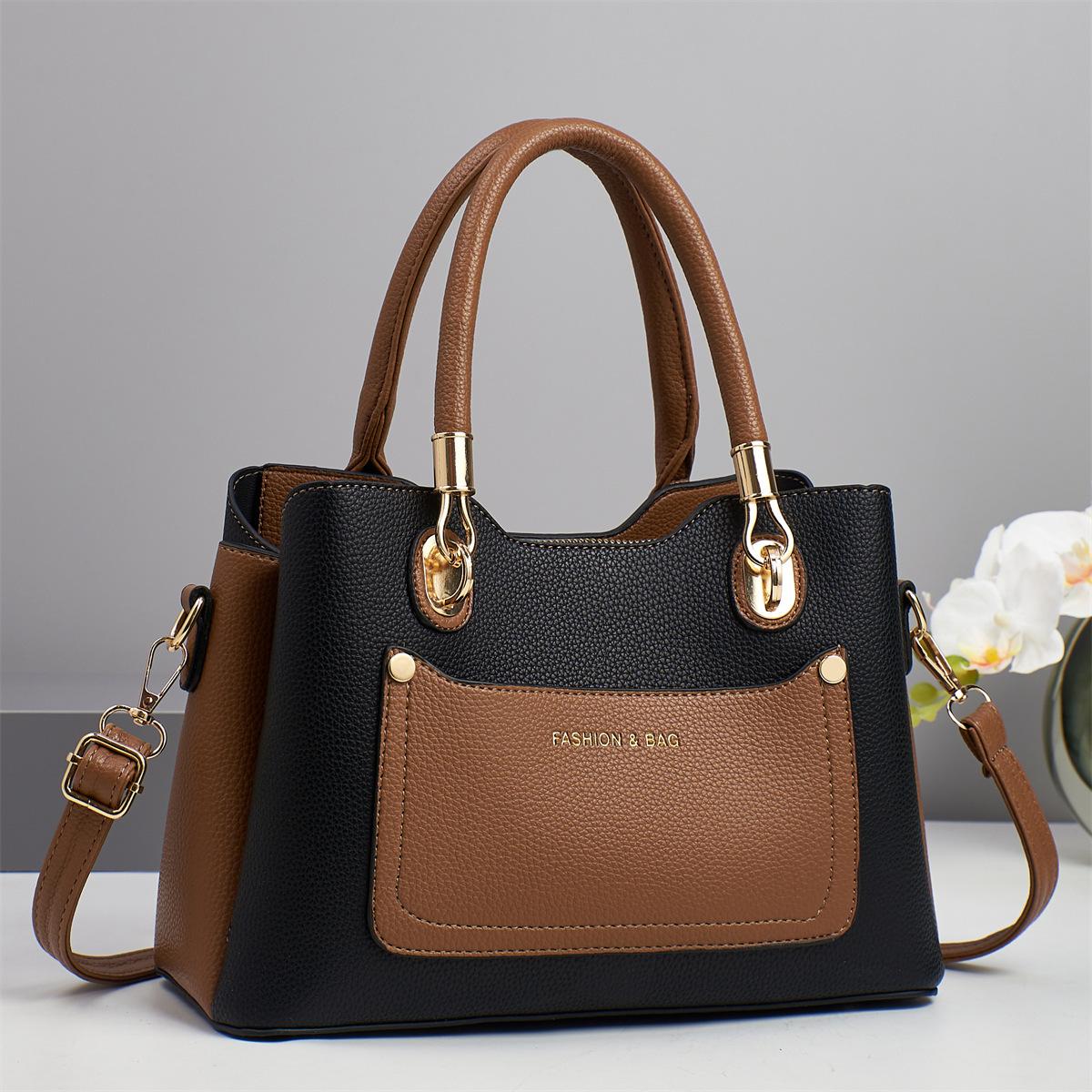 New Style Patchwork Color-Blocking Multi-Layer Large-Capacity Handbag, High-Value Simple Shoulder Bag, Versatile Cross-Border Trendy Crossbody Bag
