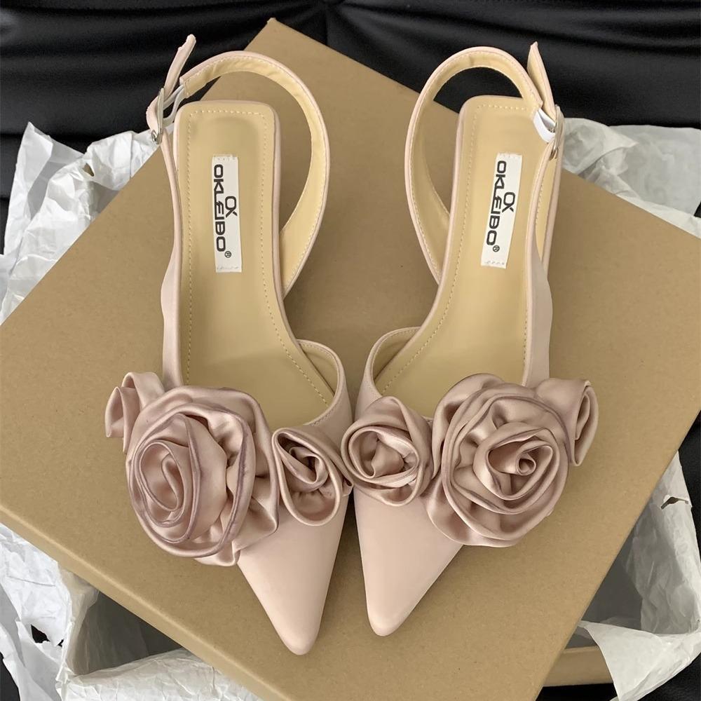2024 new spring and summer pointed French flower black closed toe sandals fairy shoes evening ladies single-layer shoes