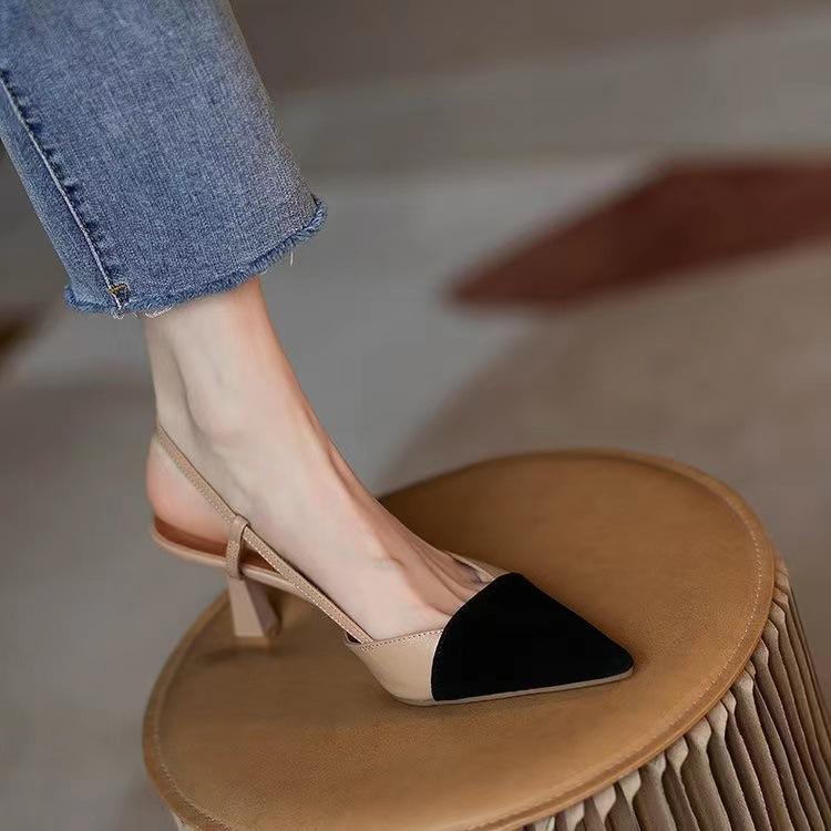 2024 New Summer Baotou Sandals French Color Matching Small Fragrance Pointed Toe High Heels One-Line Buckle Sandals Stiletto Heels