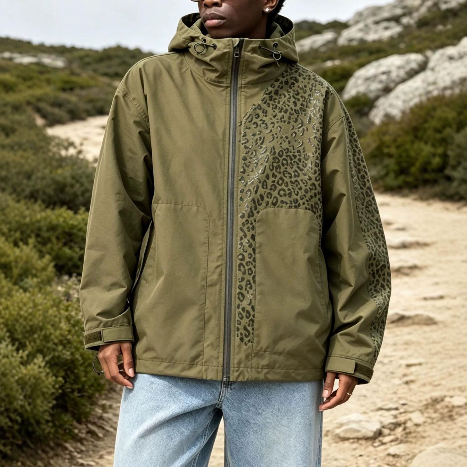 European and American men's jacket that changes color when wet, outdoor sports leopard print windbreaker, winter casual coat, foreign trade cross-border men's clothing