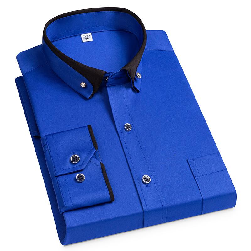 Stretch Long Sleeve Shirt Anti-wrinkle Diamond Buckle Contrast Collar Men's Business Casual Four Seasons Men's Pocket Shirt Shirt