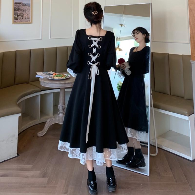 2025 Spring and Autumn New Female Internet Celebrity Street Bow Waist Lace Puff Sleeve Dress Princess Dress