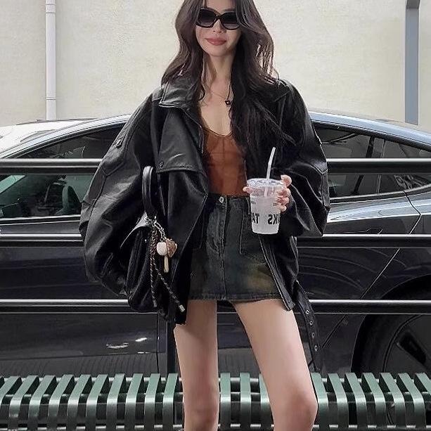 Black Retro Motorcycle Lapel Pu Leather Jacket for Women, Cool and Stylish Style, 2025 Spring and Autumn New Leather Jacket Motorcycle Top