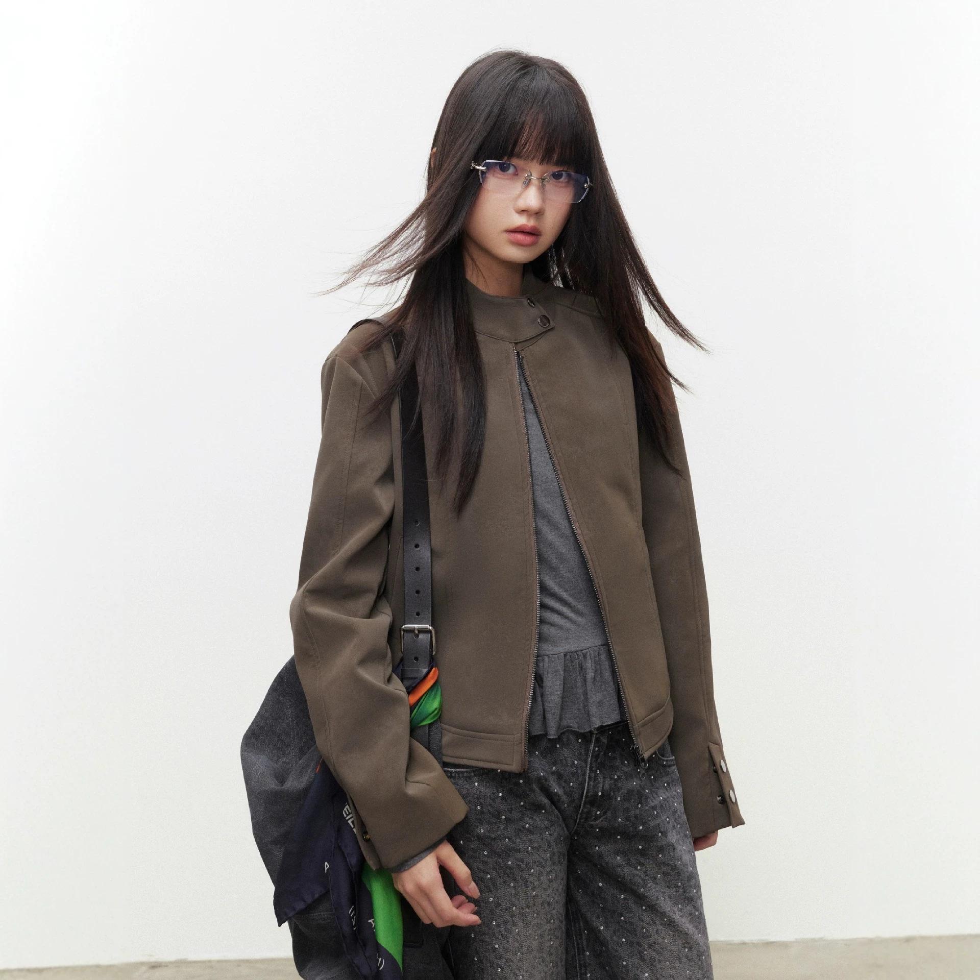 AUNP Vintage Gray-Green Brown Stand-Collar Slim-Fit Leather Jacket for Women, Autumn Slimming Versatile Short Leather Coat