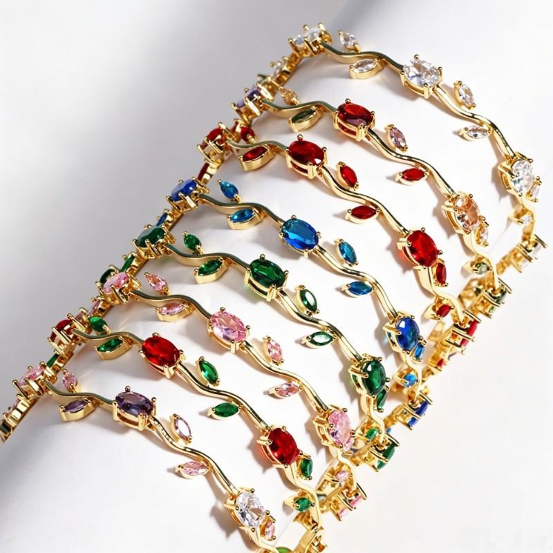Cross-Border Popular Tulip Bud Leaf Bracelet, Retro Luxury Colorful Zircon Bracelet, Fashionable and High-End Jewelry