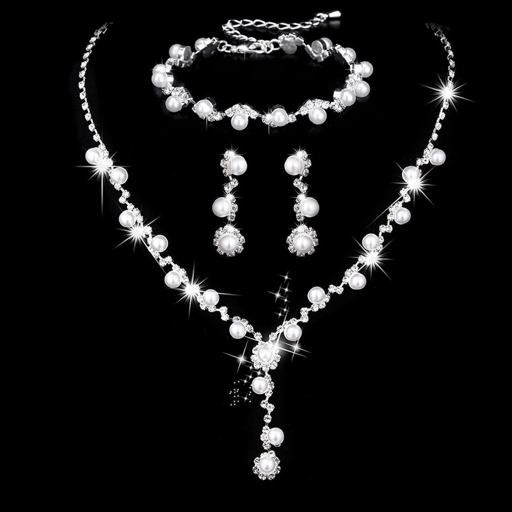 Bridal Set Fashion Jewelry Sunflower Rhinestone Pearl Necklace Earrings Bracelet Three-piece Wedding Accessories