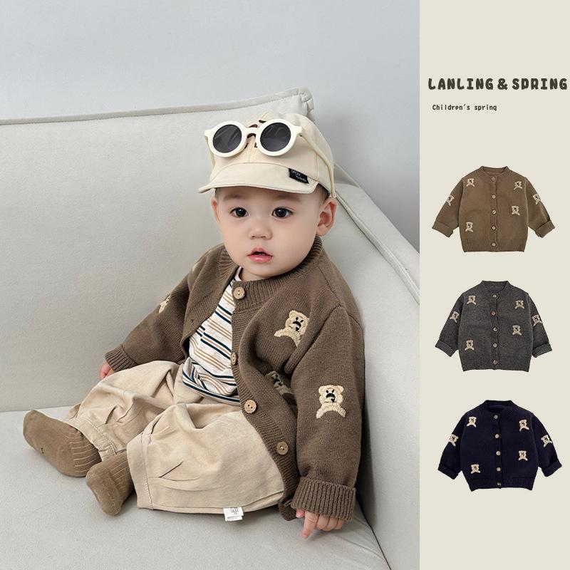 Korean Boys and Girls Knitted Sweater Jacket Baby 2026 Spring New Style Kidsren's Korean Style Cartoon Bear Sweater Cardigan