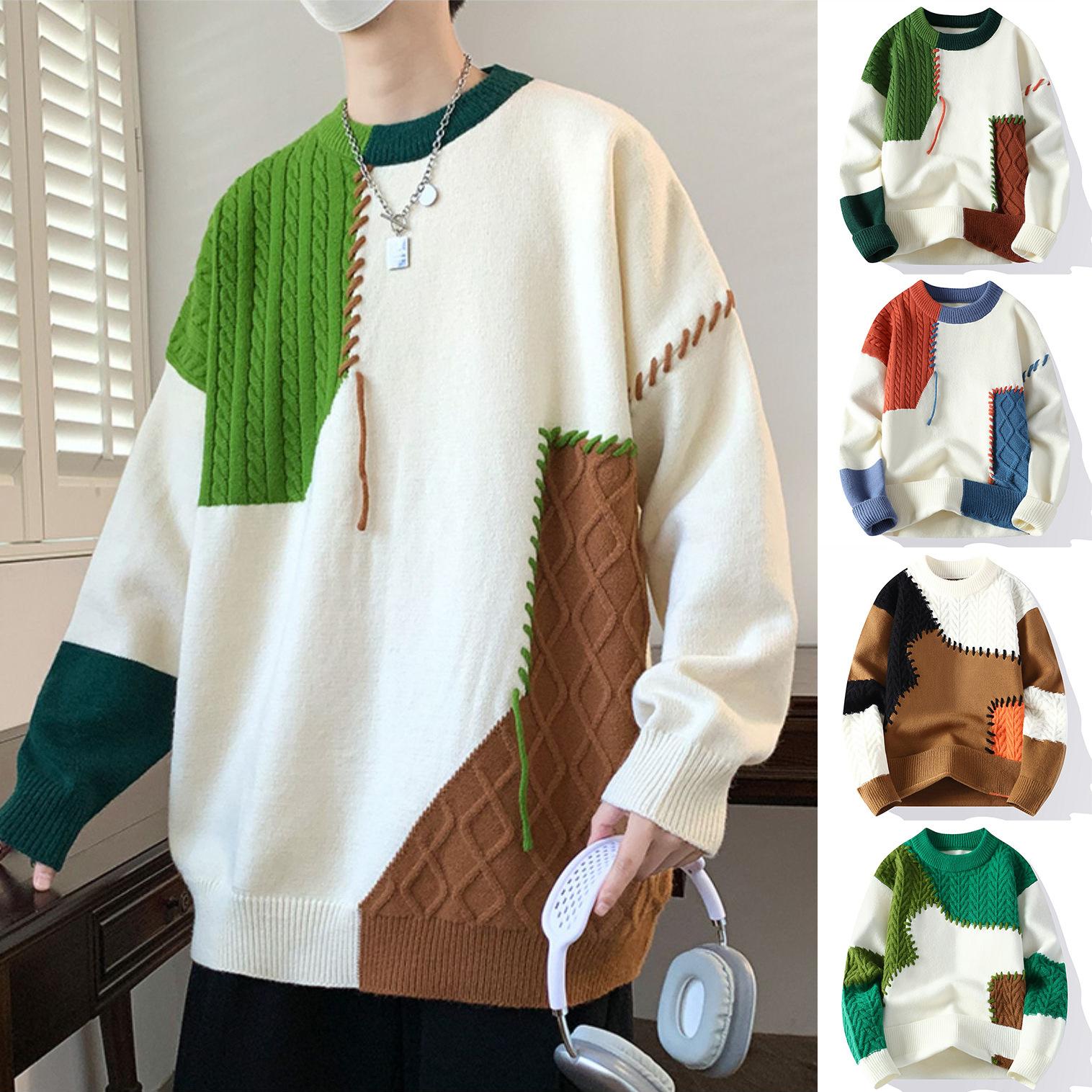 Patchwork Knit Sweater Men's Twist Color Block Trendy Loose Autumn Winter Warm Jacket Wholesale Cross-Border Trade