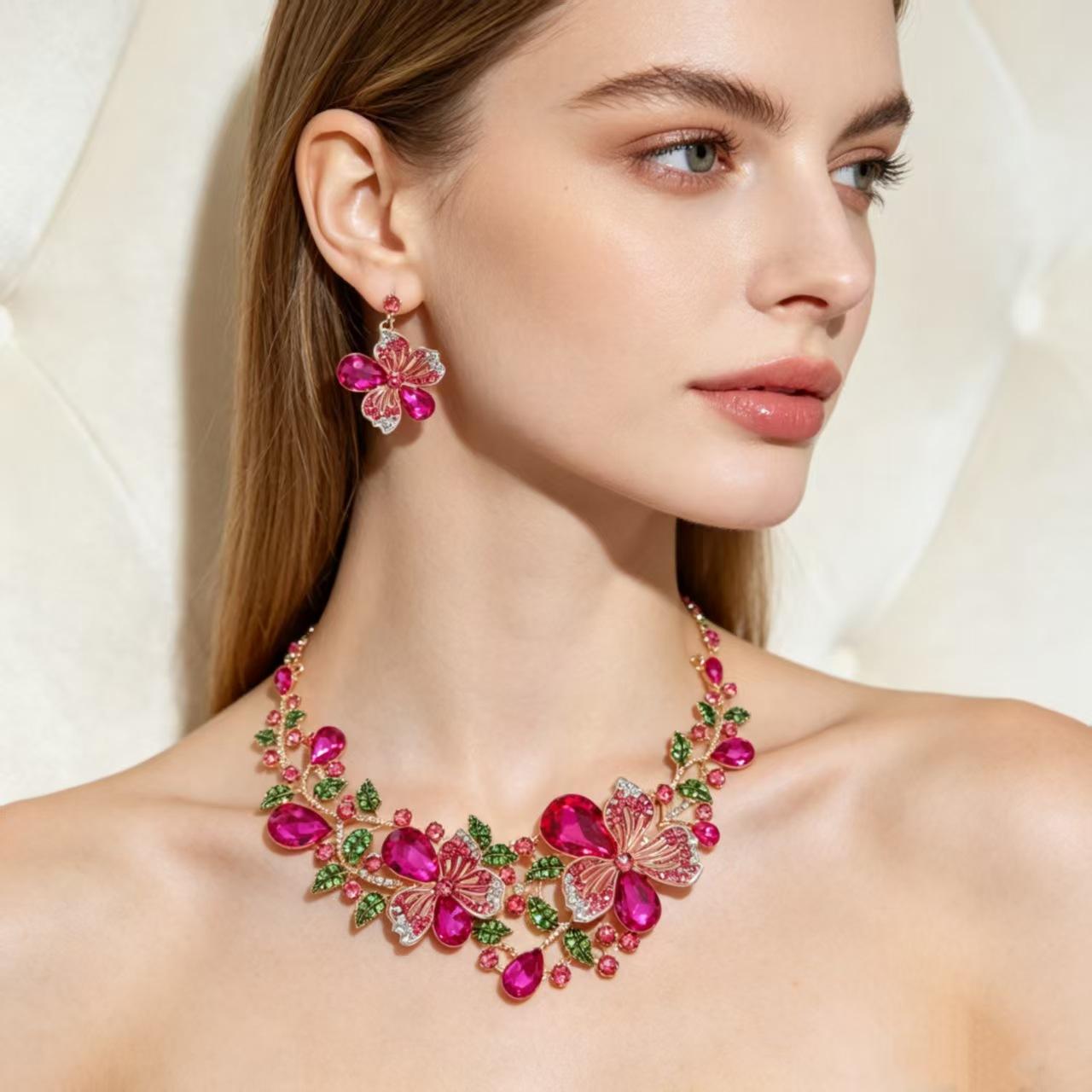 Cross-Border Exclusive Platform for European and American Floral Necklace and Earring Sets, Crystal Gemstone Jewelry, Bridal and Party Accessories for Women