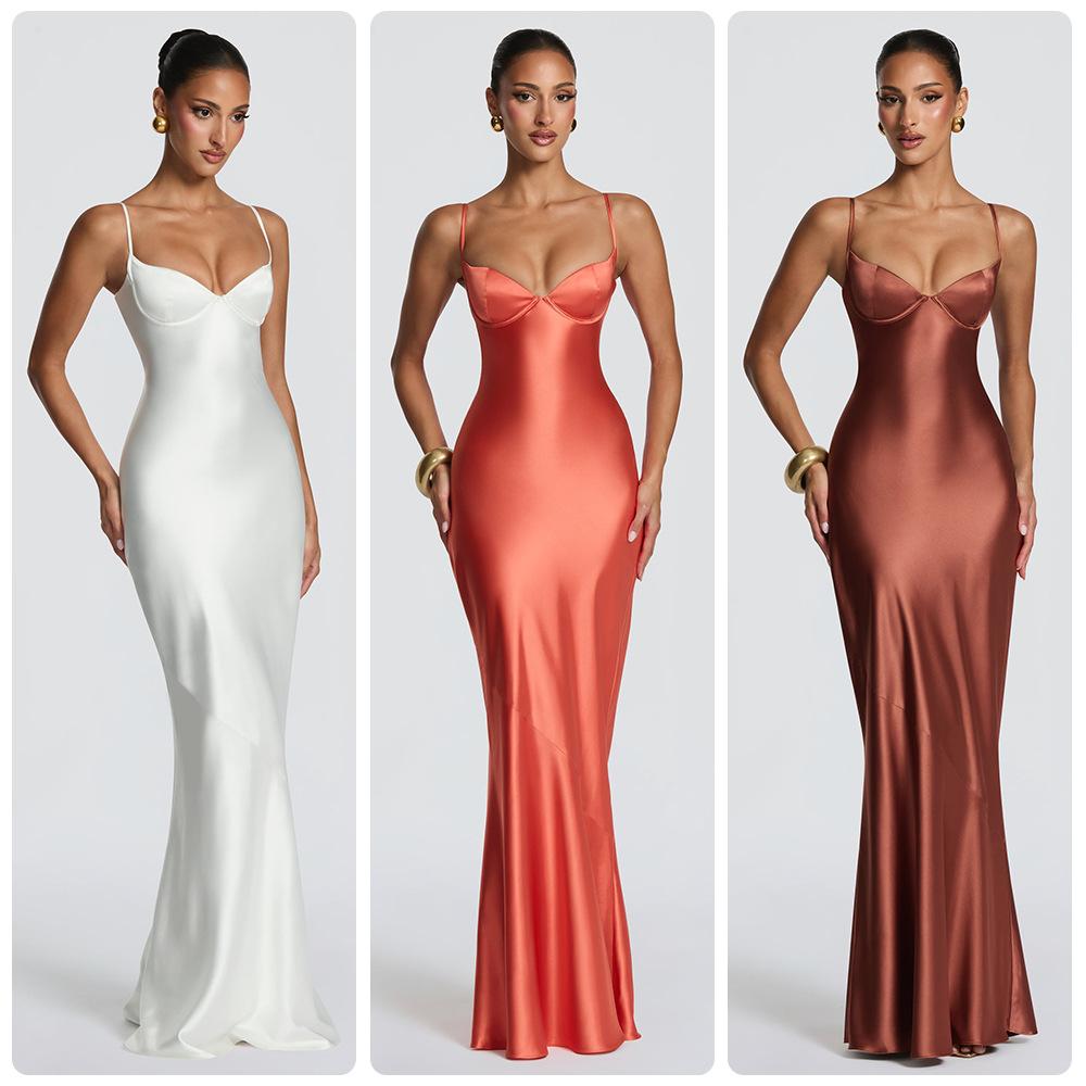 European and American Cross-Border Foreign Trade 2026 New Satin Spaghetti Strap Gown Long Dress Bodycon Mermaid Slim-Fit Evening Dress