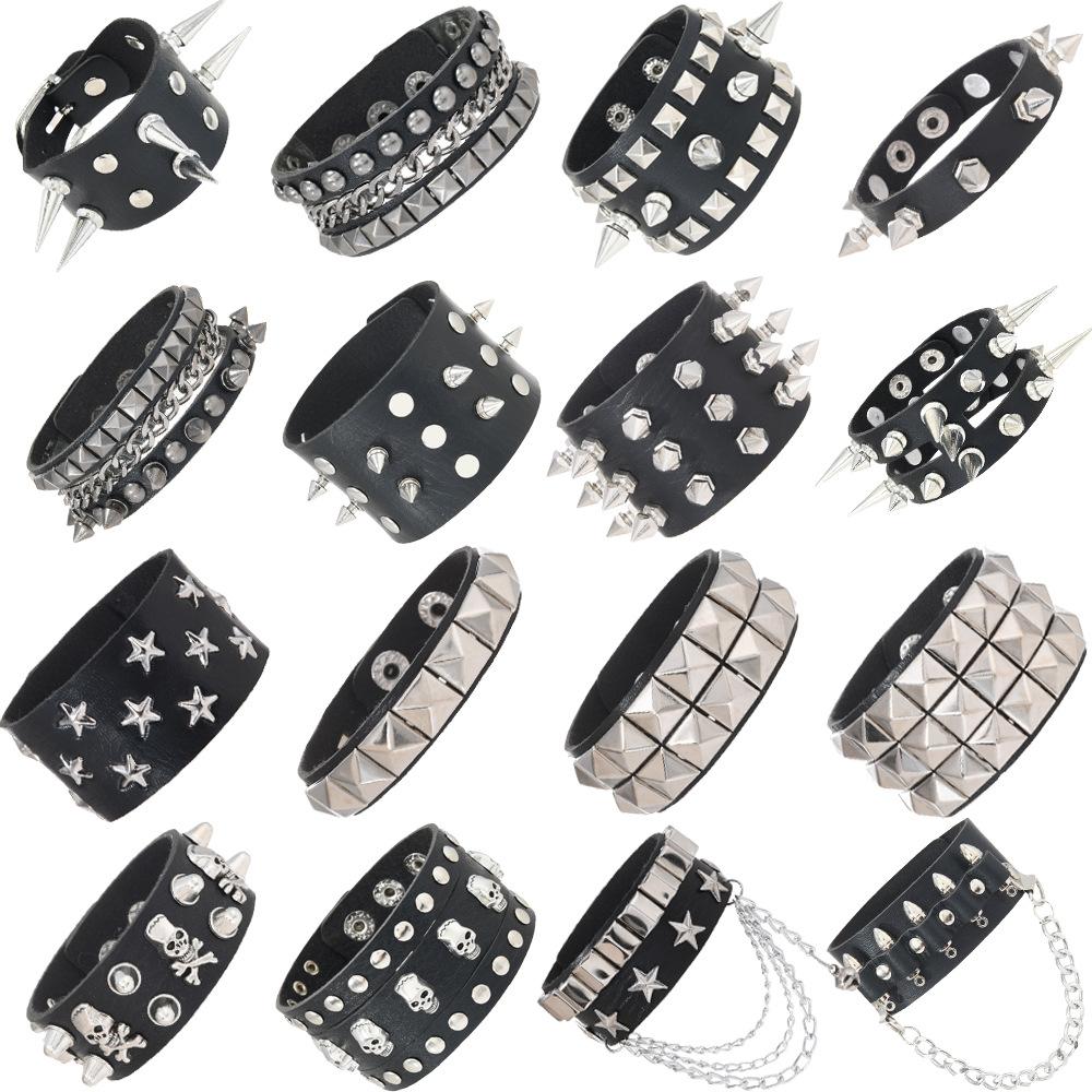 European and American Cross-Border Hot-Selling Punk-Style Spiked Rivet Exaggerated Bracelet Non-Mainstream Hip-Hop Men's Leather Wristband Bracelet