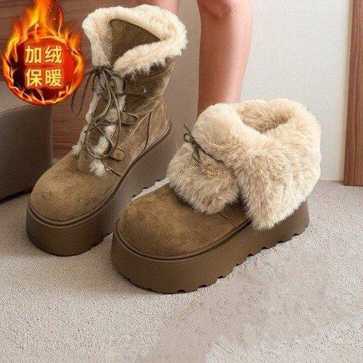 Women's short, thick-soled, height-increasing snow boots with fleece lining, thickened for warmth, 2026 autumn/winter new style, versatile, suitable for cold climates