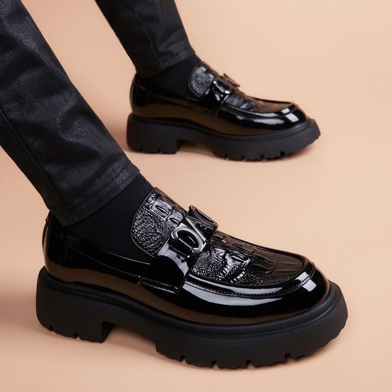 Men's casual leather shoes, Korean style, trendy business style, thick-soled, lightweight rubber foam sole, slip-on loafers