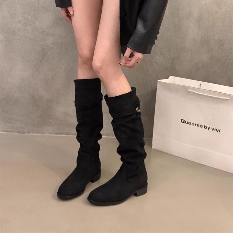 French-Style Chunky Heel Apricot Suede Ultra-High Heel Slouchy Long Boots for Women, 2025 New Model, Versatile for Spring, Autumn, and Winter