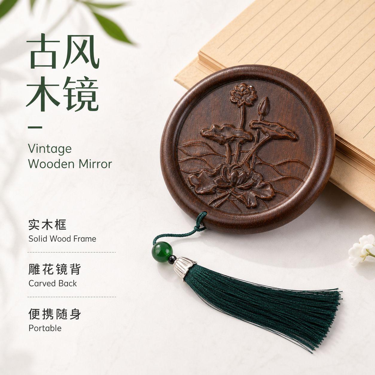 Small Golden Sandalwood Mirror, Makeup Mirror, Portable Mini Antique-Style Solid Wood Round Mirror, Retro Portable Classical Carving