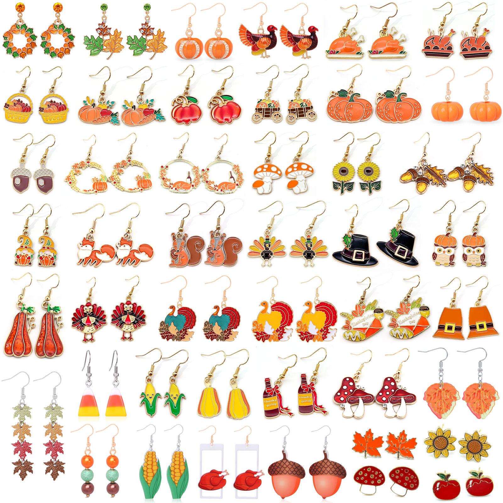 Cross-Border Hot Selling Thanksgiving Maple Leaf Earrings for Women Creative Fashion Cartoon Oil Dripping Pumpkin Turkey Sunflower Earrings