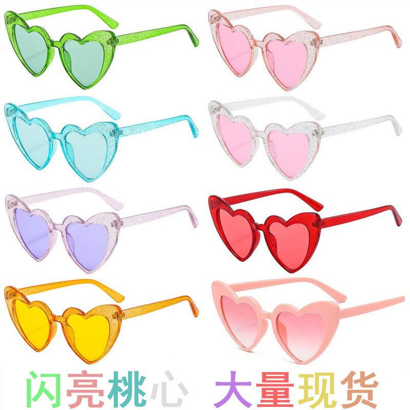 European and American Cross-Border Love Sunglasses for Women, Sun Protection, Fashionable Peach Heart Sunglasses, Glitter Crystal Big Face Slimming Glasses