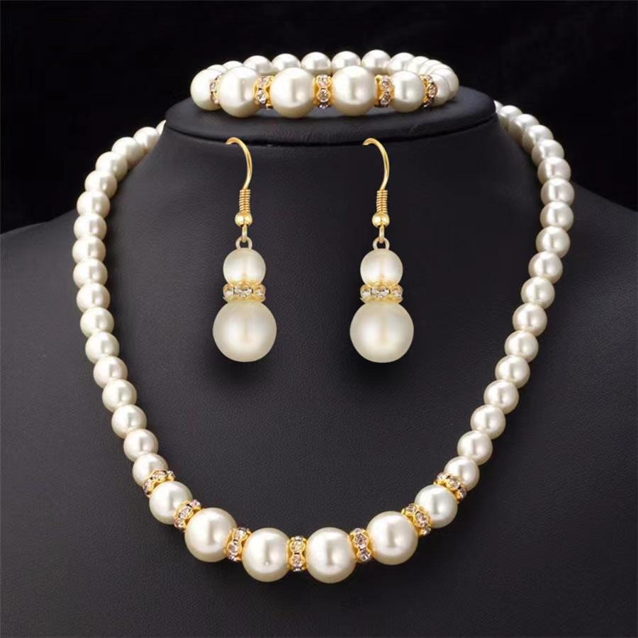 Amazon Wish Imitation Pearl Necklace Bracelet Earrings Set Three-Piece Set Cross-Border Bridal Set Decoration for Women