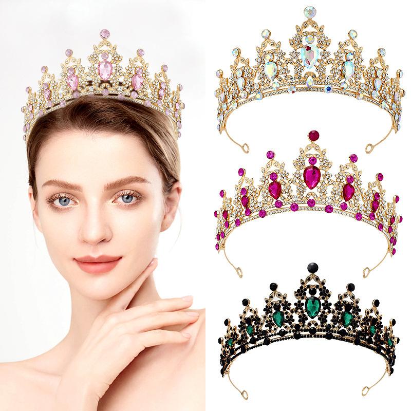 Bridal Crown Cross-Border Colorful Rhinestone Headband Baroque Alloy Crown Wedding Dress Accessories Hair Accessories Princess