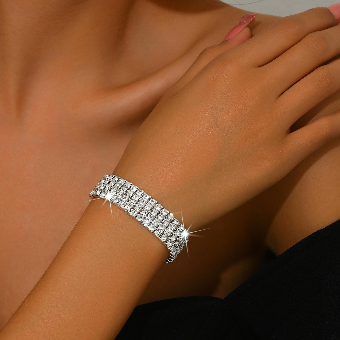 Factory Direct Sales European and American Full Diamond Elastic Cord Bracelet Single Row Multi-Row Rhinestone Bracelet Electroplated Gold and Silver Color Can Be Customized