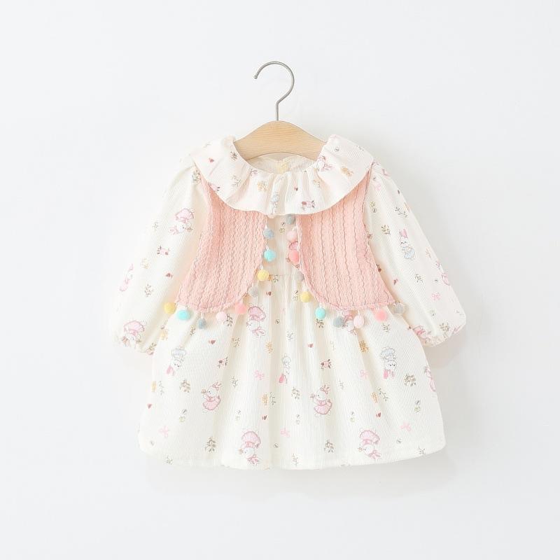 Girls Dress Spring and Autum Baby Girl Cute Cartoon Bunny Ball Fake Two-Piece Princess Dress