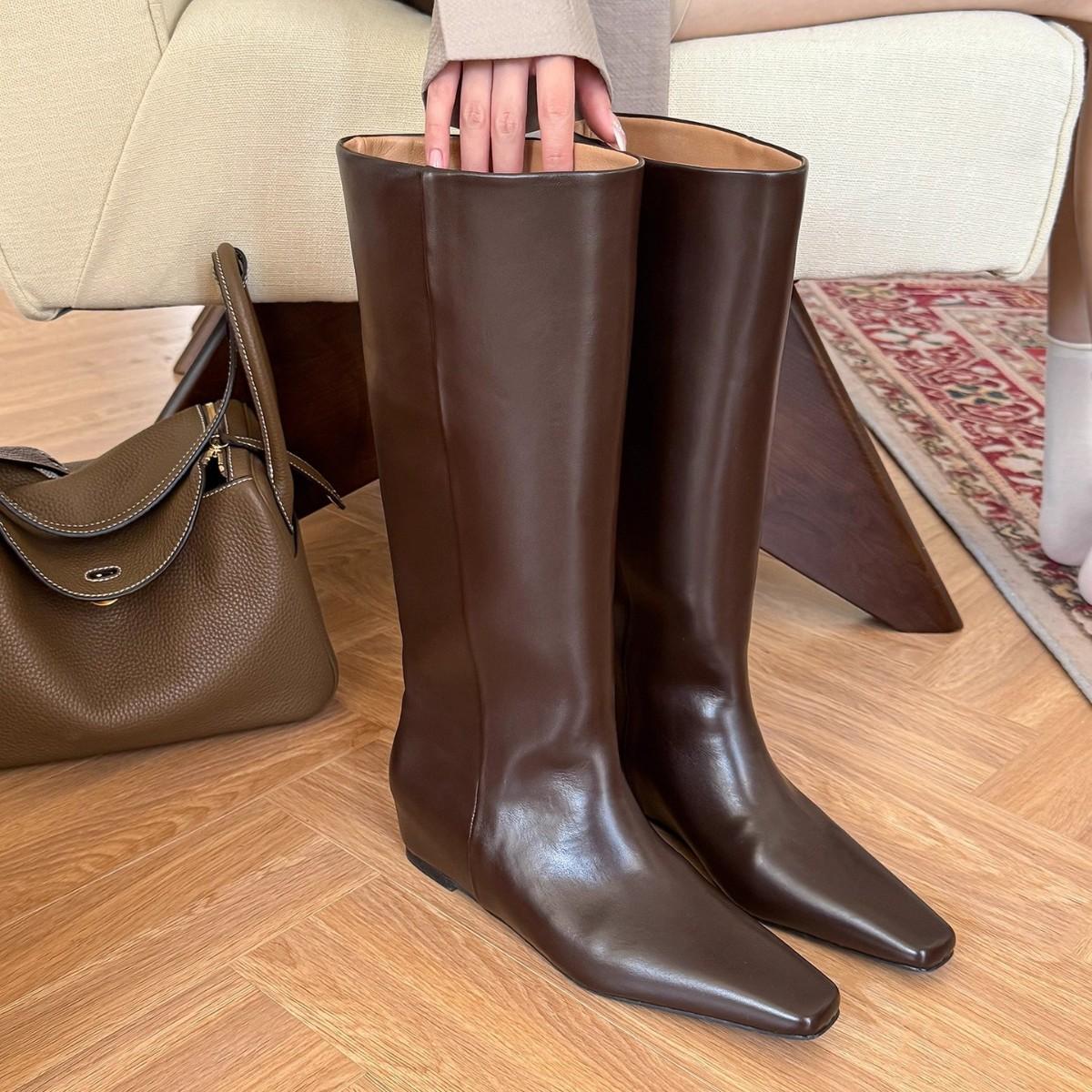 In Stock~ Increase Height by 5cm and Look Great! High-End Coffee Brown Square Toe Straight Boots for Women in Autumn, Straight-Leg Boots for Women