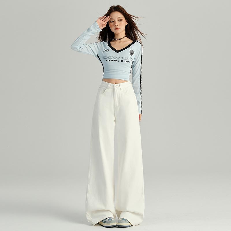 White Wide-Leg Loose Jeans for Women, New Spring and Autumn Style, Pear-Shaped Figure, High-Waisted, Hip-Covering, Non-See-Through, Slimming Straight-Leg Pants