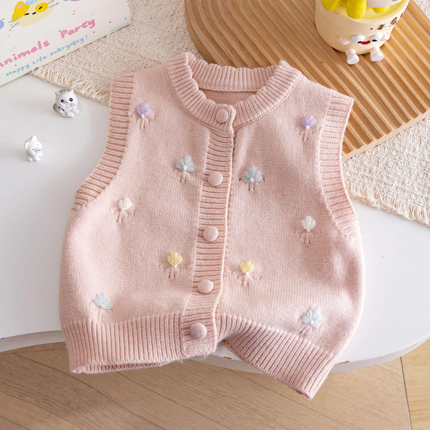 Girls' Sweater Vest Spring and Autumn New Clover Handmade Knitted Vest Stylish Cardigan Versatile Sleeveless Jacket for Baby Girls