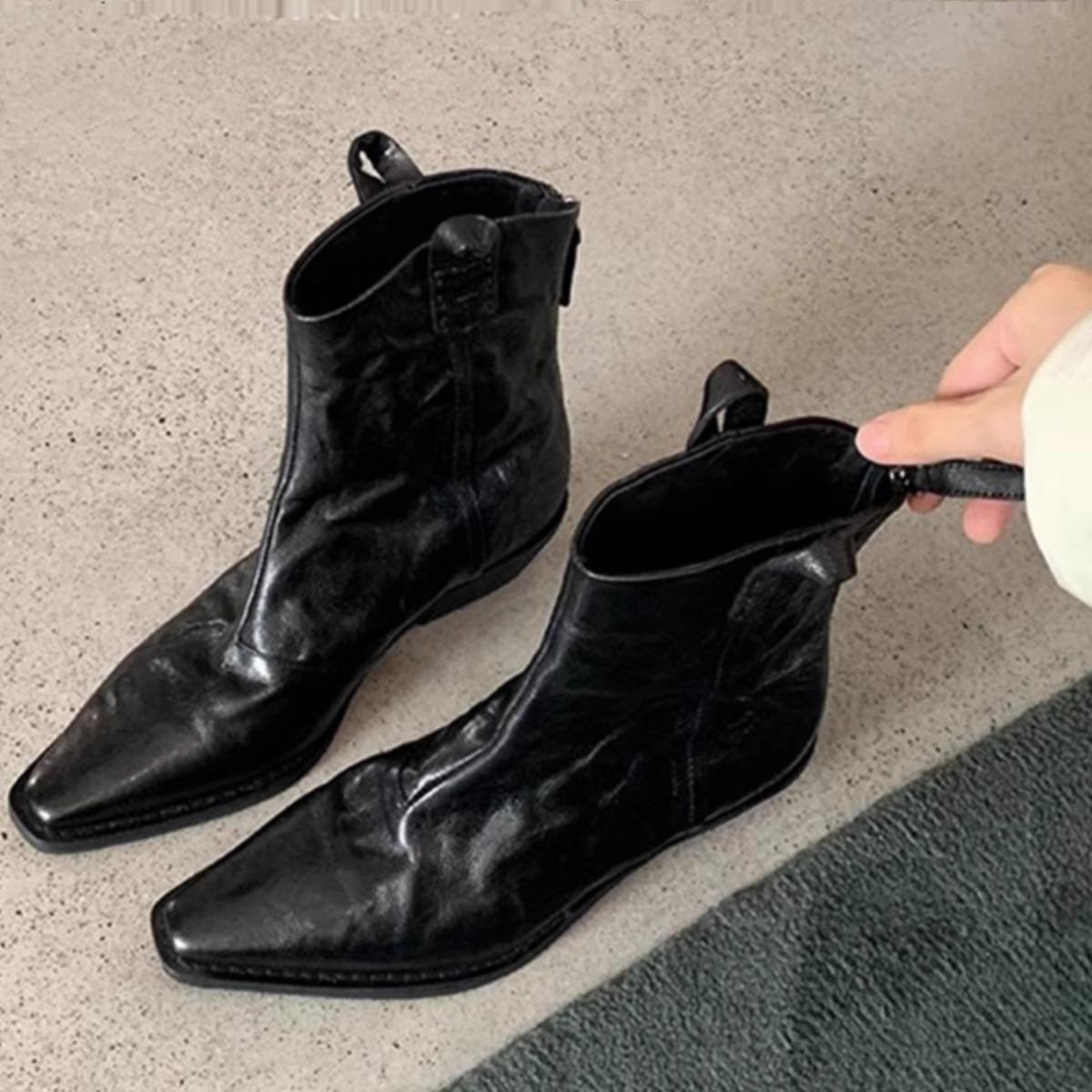 Grape-Colored Women's Stylish Pointed-Toe V-Cut Retro Denim Skinny Boots with Chunky Heels and Wrinkle-Free Western Short Boots for Women