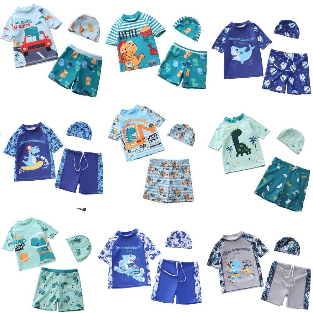 New children's swimwear for boys, three-piece set, dinosaur and shark designs, available in sizes for infants, toddlers, and older children