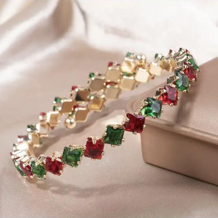 European and American Cross-Border Minimalist Rhombus-Shaped Zircon Single-Row Open Bracelet for Women, Bridal Wedding Accessory, Christmas Style