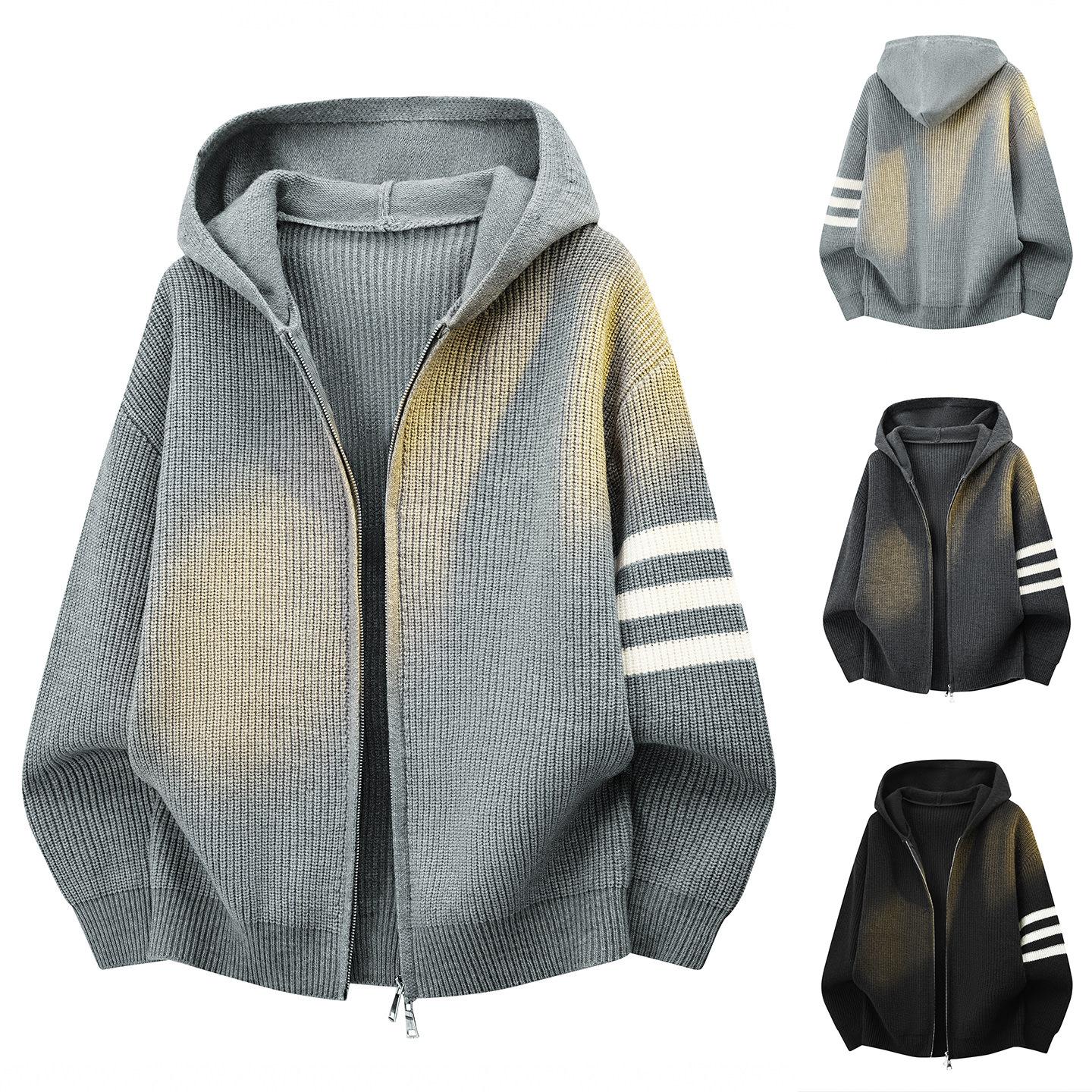 New autumn and winter hooded knit sweater for men, three-stripe cardigan jacket, old money style, cross-border factory wholesale