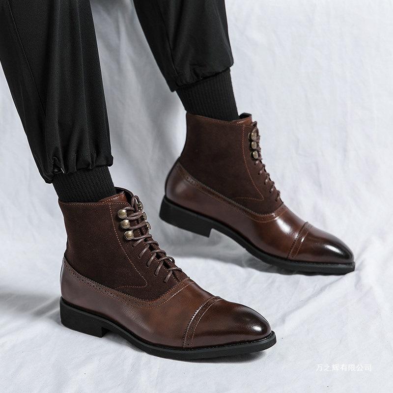 British-style men's mid-high-top leather shoes, brogue business casual ankle boots, fashionable retro pointed-toe height-increasing Martin boots