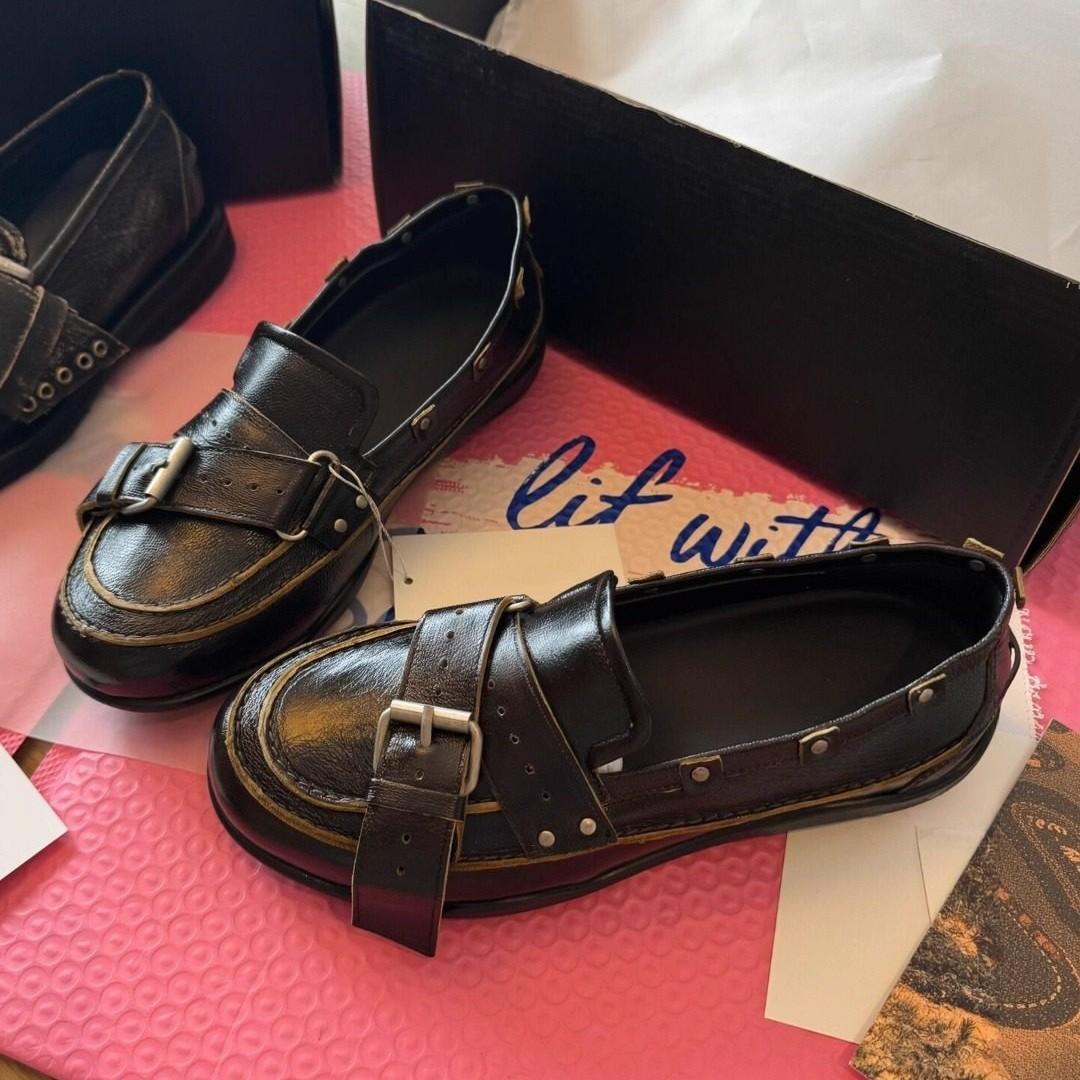 2025 Autumn New Style Metal Buckle Rivet Decorated Women's Round Toe Belt Buckle Mary Jane Loafers Trendy Women's Shoes