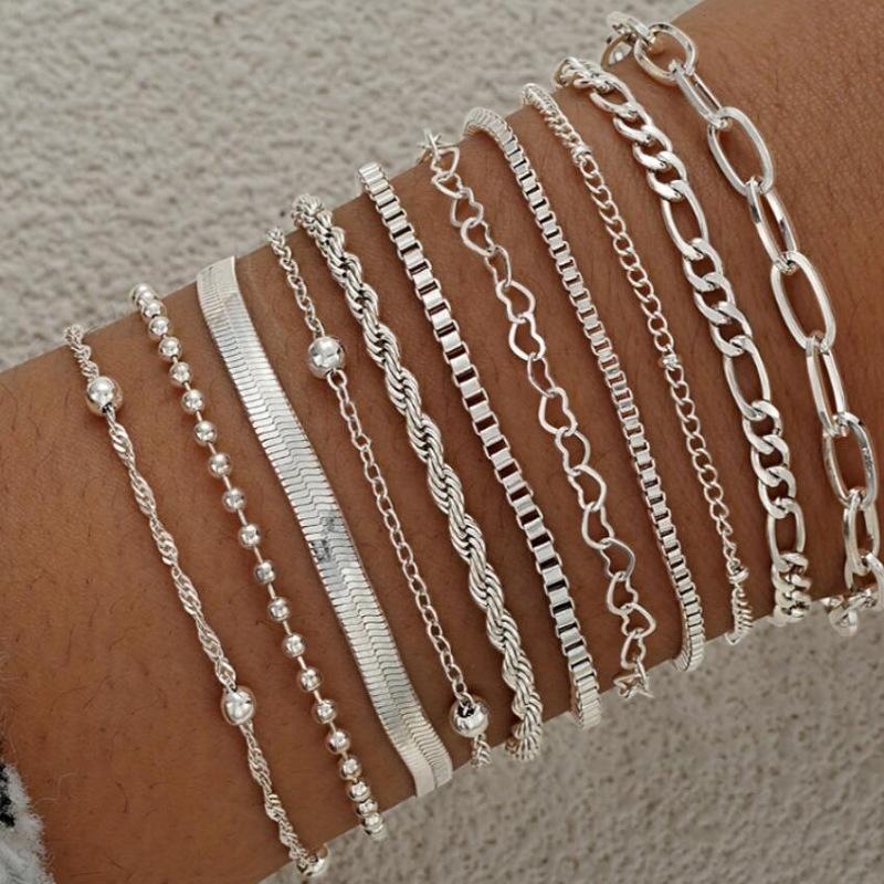 Cross-border Hot Selling European and American Style Love Round Bead Twist Chain Bracelet suit 11-piece Set Fashionable Simple Multi-layer Jewelry