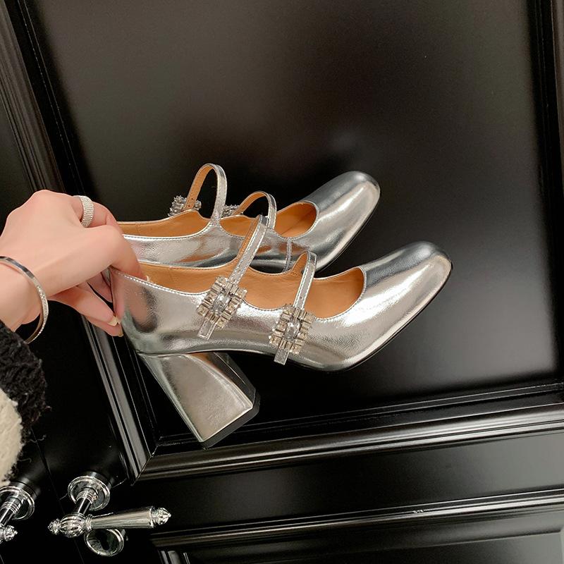 French-style elegant rhinestone chunky heel Mary Jane shoes silver high heel shoes low-cut square toe buckle with skirt single-layer shoes for women