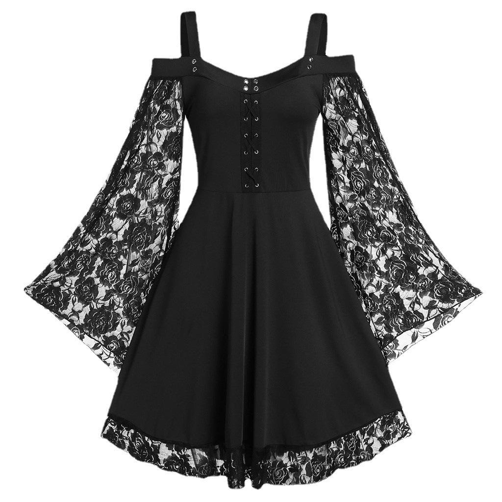 Europe and the United States shoulder horn sleeve lace stitching literary retro dress women's casual skirt a generation of hair