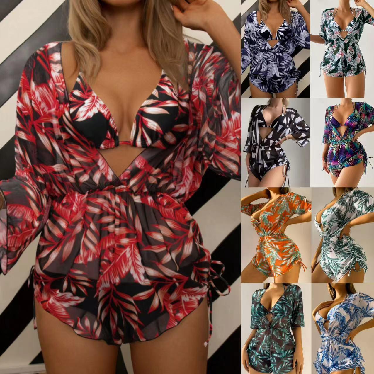 2025 New European and American Three-Piece Bikini Leaf Print Waist Tie Fashion Long Sleeve Beach Sunproof Swimsuit