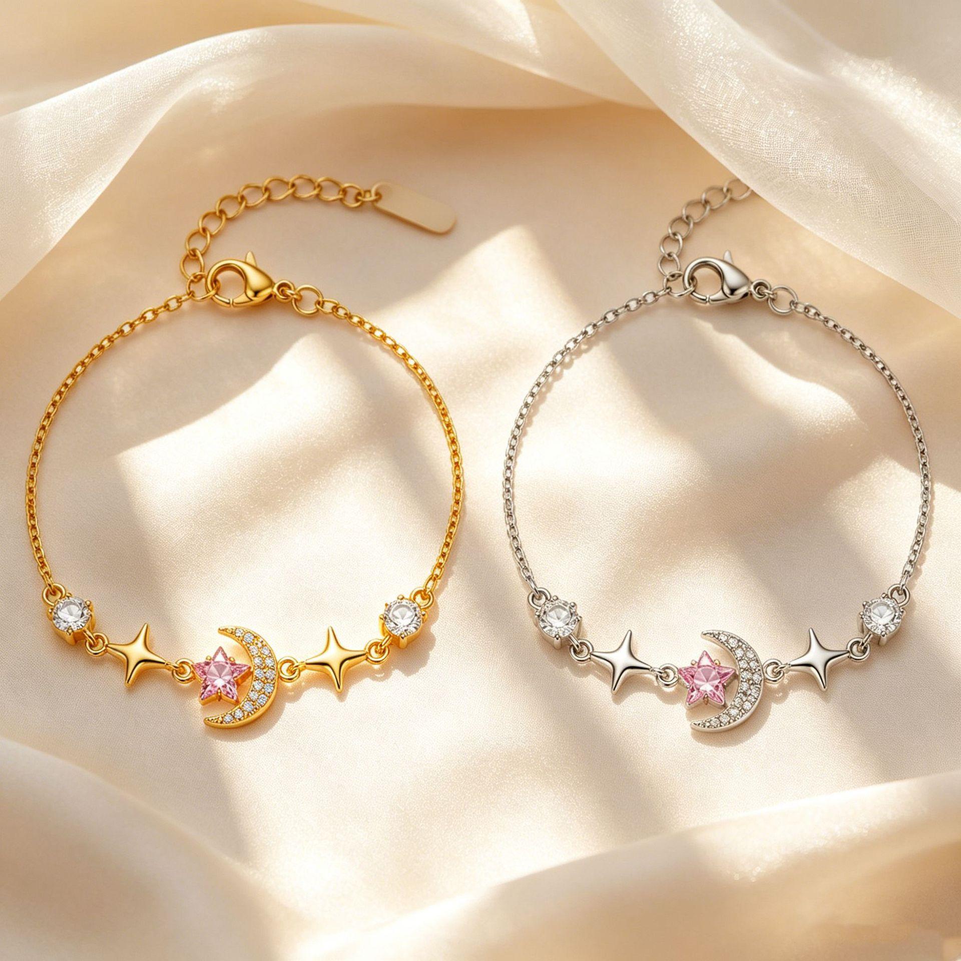 Cross-border light luxury sparkling pink diamond star and moon micro-inlaid bracelet for women, exquisite and high-end fashion jewelry for best friends, wholesale