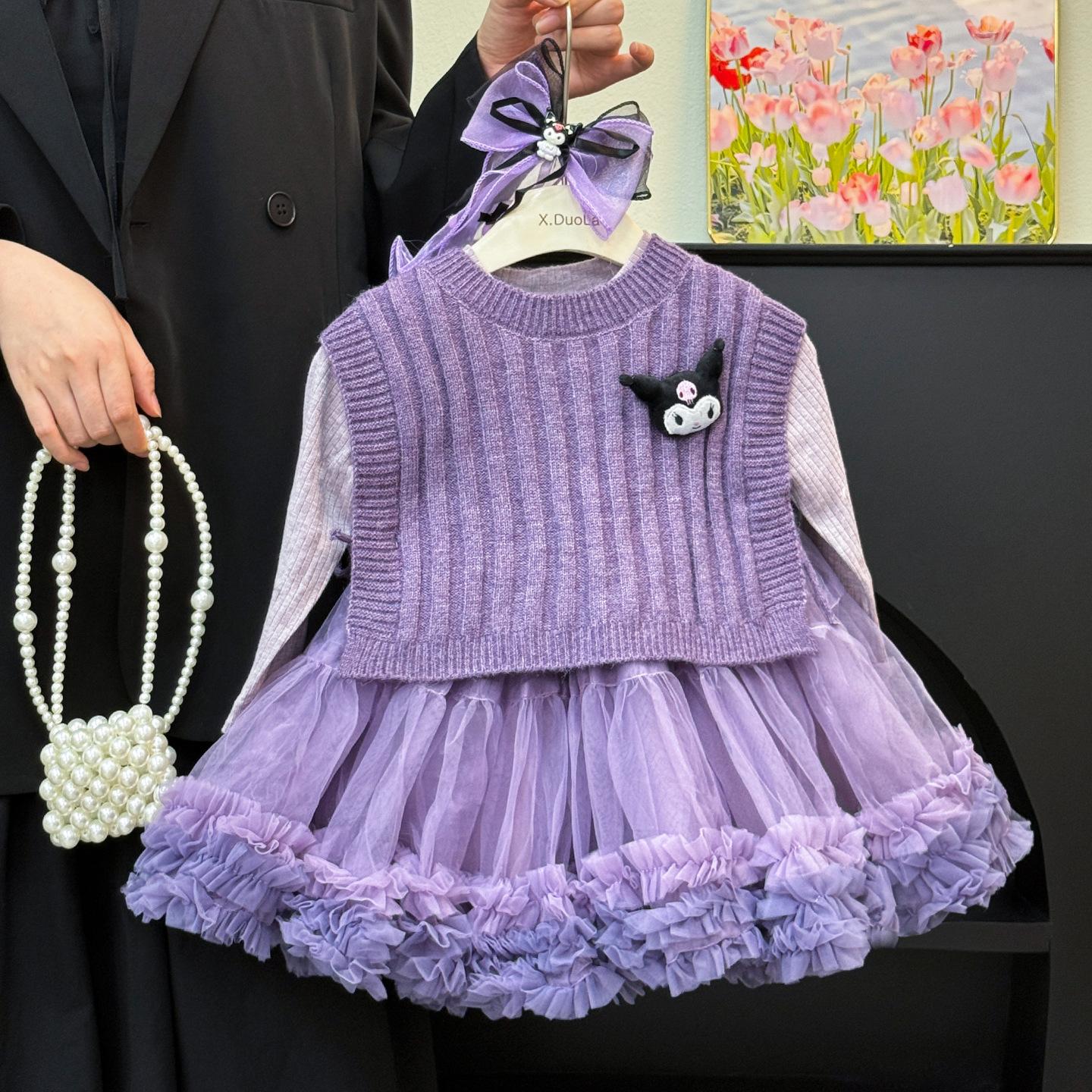 Girls' Kuromi Princess Gauze Skirt Autumn New Style Baby Girl's Style Vest Long Sleeve Dress Two-Piece Autumn Outfit