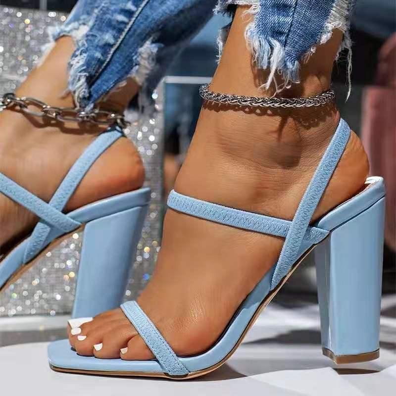 High-Heeled Shoes with Chunky Heels for Women, Large Size, 2026 Spring/Summer New Style, Open-Toe Women's Sandals, Square-Toe Slip-On Sandals for Women