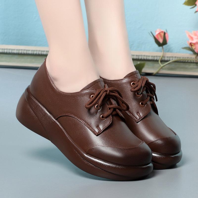 Spring New Style Wedge-Heeled Genuine Leather Women's Casual Lace-Up Round-Toe Soft-Soled Loafers Thick-Soled Mom Shoes