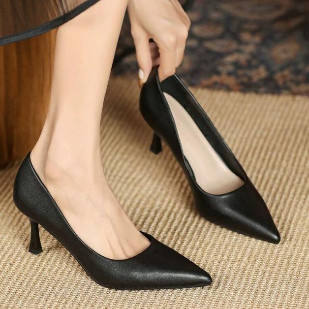 French New Pointed High Heel Leather Shoes Black Thin Heel Work Professional Single-layer Shoes Comfortable Non-slip Shallow Mouth High Heels for Women