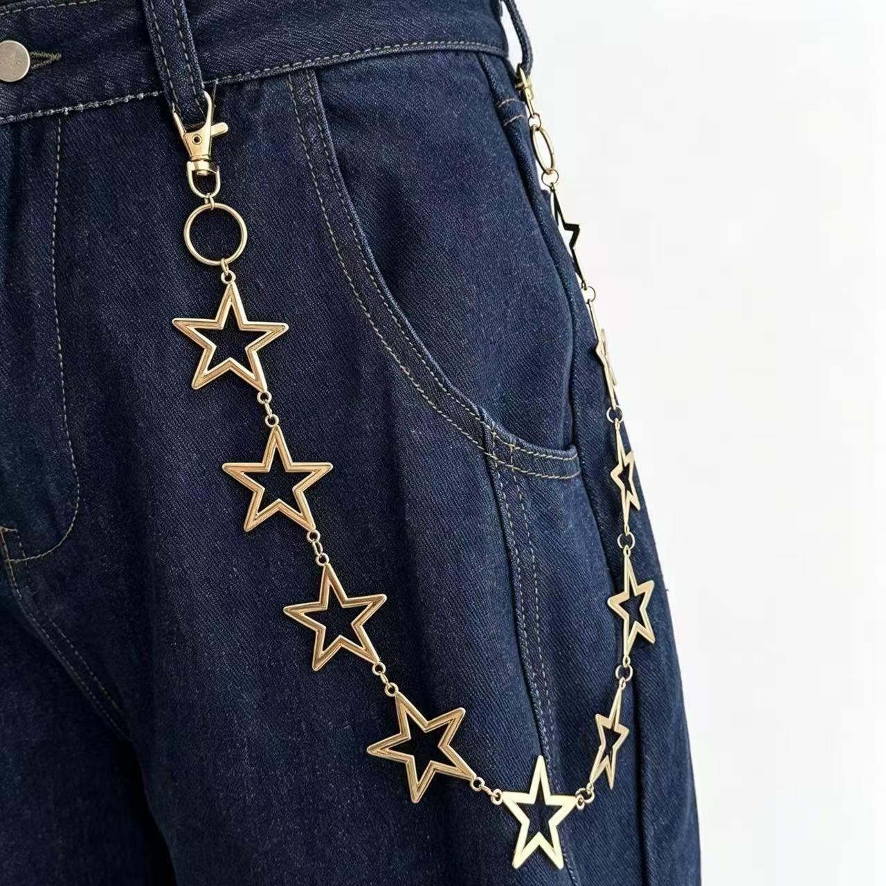 European and American cross-border style, oversized five-pointed star denim pants chain, unisex, high-end hip-hop, niche pants accessory, waist chain