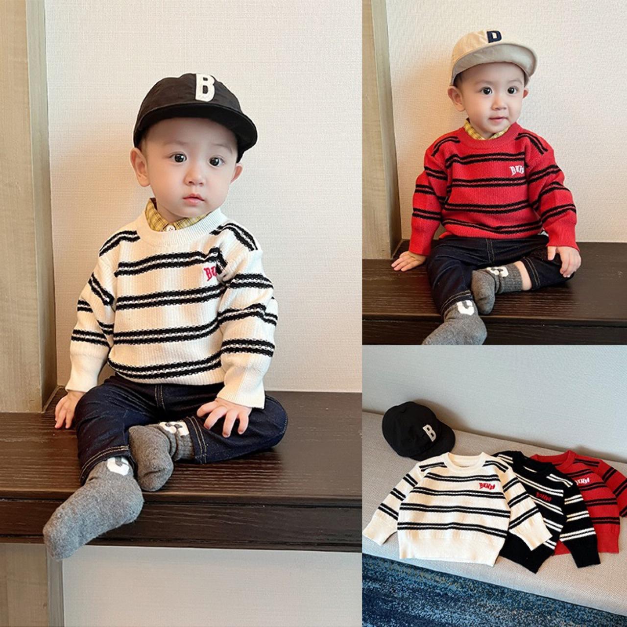 Baby's Pullover Crewneck Striped Sweater Spring and Autumn Knitwear Boys' and Girls' Crewneck Stylish Autumn and Winter Warm Top Trendy