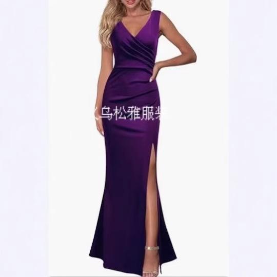 2024 Cross-Border Women's Sleeveless V Neck Slit Evening Dress Cocktail Party Dress